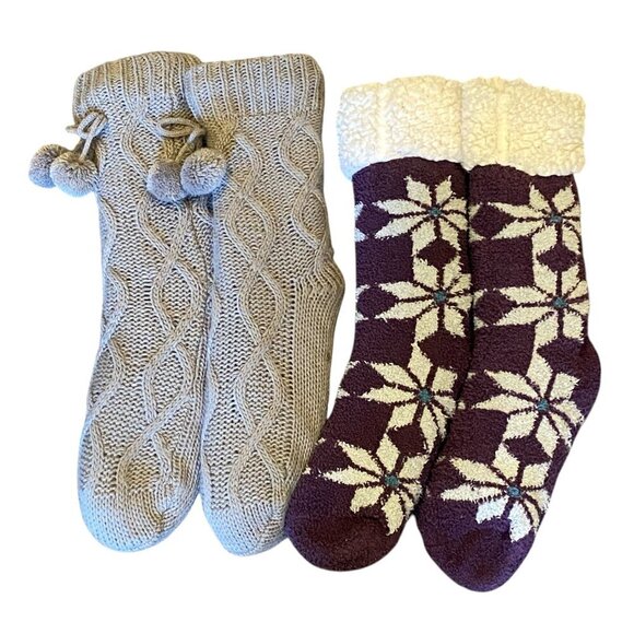 Bundle 2 Cabin Sock Slippers S/M (5-7.5) Muk Luks Gray Pom Pom Purple Nordic 29Y - Picture 1 of 6